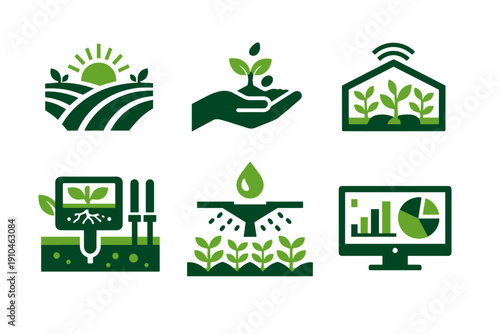 Green agriculture technology icons showing smart farming, irrigation, greenhouse monitoring, crop analytics, and sustainable plant growth management