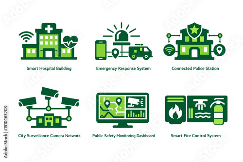 Smart city public safety and emergency services icons showing connected hospital, response system, police station, surveillance network, dashboard, fire control