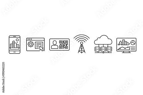Minimal line icons illustrating digital technology services including mobile analytics, settings interface, QR identification, wireless signal, cloud computing, and dashboard