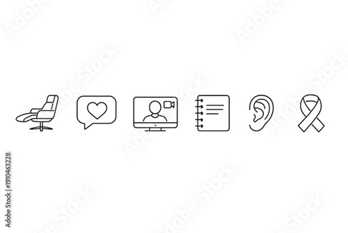 Minimal line icons on a dark blurred background showing accessibility and support themes, including chair, heart chat, video call, notes, ear, and awareness ribbon
