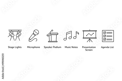 Minimal line icons set for event production and presentations featuring stage lights, microphone, speaker podium, music notes, screen chart, agenda checklist