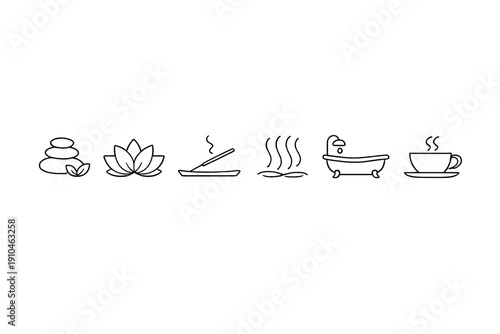 Minimal spa and wellness icon set on blurred gray background featuring stones, lotus, incense, steam, bathtub, and hot tea cup symbols