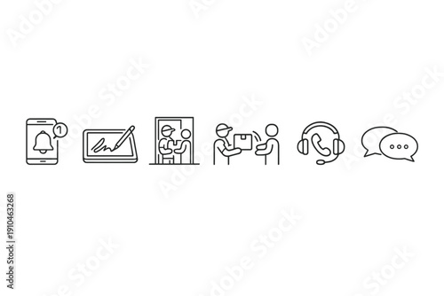 Minimal line icons for digital communication and customer service, showing notification alert, signature pad, interview, agreement handshake, headset support, chat