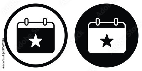 Minimalist calendar icon with a star symbol. Vector illustration of a flat scheduled event, favorite date, or special occasion bookmark in black and white circular frames.
