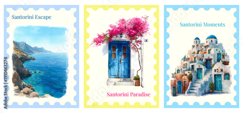 Santorini postcard set featuring iconic Greek island views with white buildings, blue domes, and Mediterranean sea landscapes in watercolor illustration style. Vector illustration.