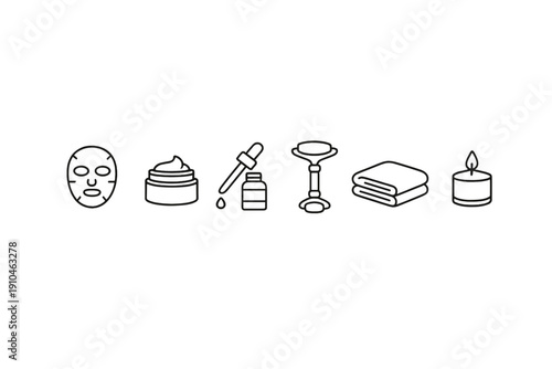 Minimal line icons of skincare and spa essentials including face mask, cream jar, dropper bottle, serum, facial roller, towel, and candle on dark background