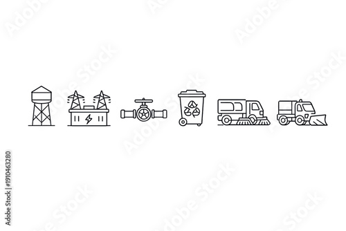 Minimal line icons showing municipal infrastructure and waste services, including water tower, power plant, valve, recycling bin, street sweeper, and plow truck