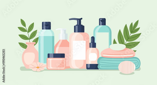 Collection of bathroom and skincare products with botanical accents