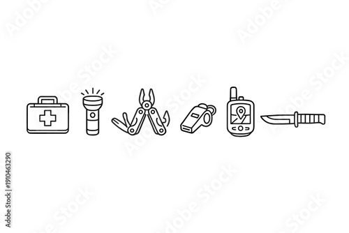 Monochrome emergency preparedness icons set featuring first aid kit, flashlight, multitool pliers, whistle, GPS device, and survival knife
