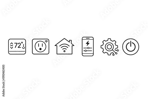 Minimal line icons set for smart home automation showing thermostat, connected outlet, wifi house, smartphone control, settings gear, and power button