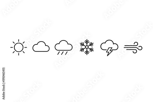 Minimal black line weather icons set showing sun, cloudy, rainy, snowflake, thunderstorm lightning, and wind symbols on a white background