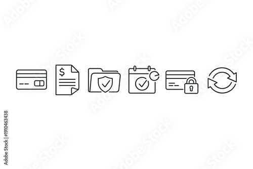 Minimal line icons showing card payment, invoice, secure folder, verified calendar, locked document, and refresh sync for digital security and workflow