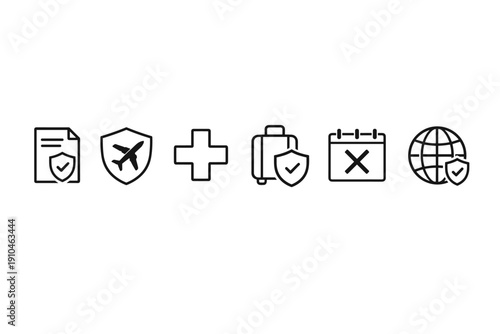 Set of travel safety line icons showing insurance document, flight protection shield, medical cross, secured luggage, cancellation calendar, and protected globe