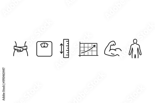 Minimal fitness and health tracking icons showing waist measurement, scale, height ruler, progress chart, flexed muscle arm, and human silhouette