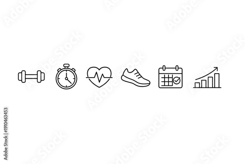 Minimal line icons set showing fitness and health tracking symbols, including dumbbell, stopwatch, heart monitor, sneaker, calendar check, and growth chart