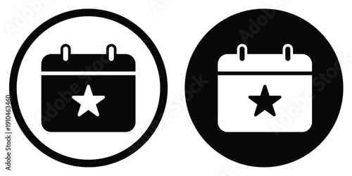 Minimalist calendar icon with a star symbol. Vector illustration of a flat scheduled event, favorite date, or special occasion bookmark in black and white circular frames.