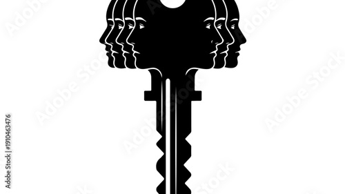 Symbolic Key with Multiple Faces Representing Collective Mindset.