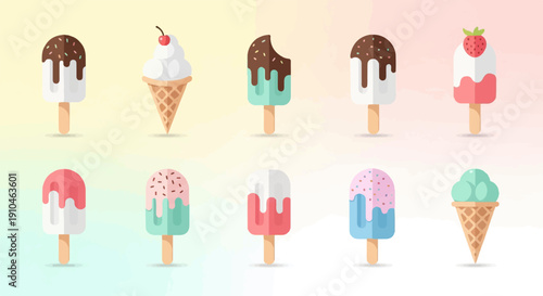 Collection of colorful flat-design ice cream illustrations on pastel background
