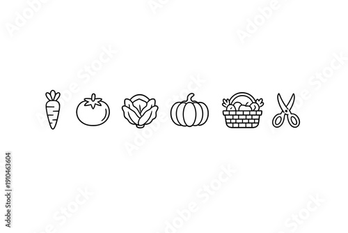 Minimal white line icons of vegetables and gardening tools on dark textured background, featuring carrot tomato cabbage pumpkin basket and scissors