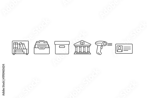 Minimal line icons set featuring books, briefcase, storage box, courthouse, hairdryer, and identification card on dark blurred background