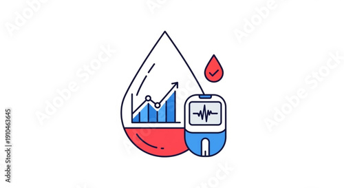Medical blood test result with glucose meter and graph showing improving health metrics in simple line art style