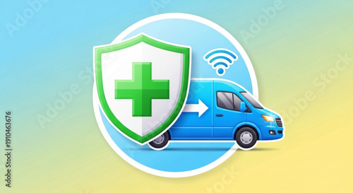 Ambulance vehicle with medical shield and wi fi connectivity icon on gradient background