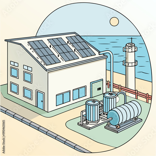 Clean Vector Illustration of a Solar-Powered Desalination Plant for Sustainable Water Production