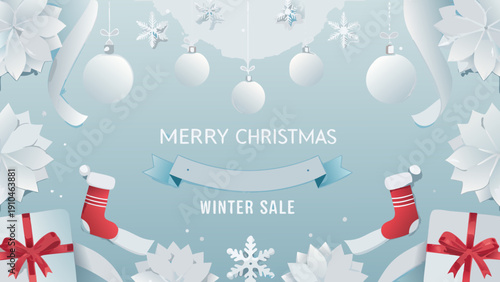 Festive christmas decorations with winter sale banner and gift presentation