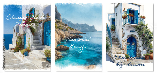 Santorini postcard set featuring iconic Greek architecture with whitewashed buildings, blue domes, and Mediterranean sea views. Perfect for travel designs and summer vacation projects. 