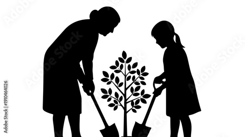 Grandmother and child planting a tree together.