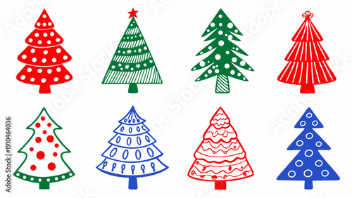 Colorful christmas trees in various styles and decorations displayed in a grid