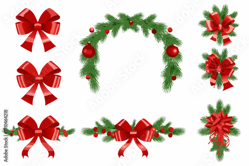 Festive christmas decorations including bows garlands and holly sprigs