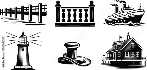 Marine, nautical, icons, lighthouse, ship, pier, bollard, coastal, harbor, sea, maritime, navigation, transport, silhouette, vector, illustration, ocean, vintage, design, collection