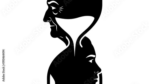 Hourglass Silhouette of Two Faces Representing Time and Life Stages.