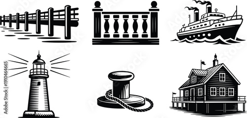 Marine, nautical, icons, lighthouse, ship, pier, bollard, coastal, harbor, sea, maritime, transport, navigation, silhouette, vector, illustration, ocean, design, collection, vintage