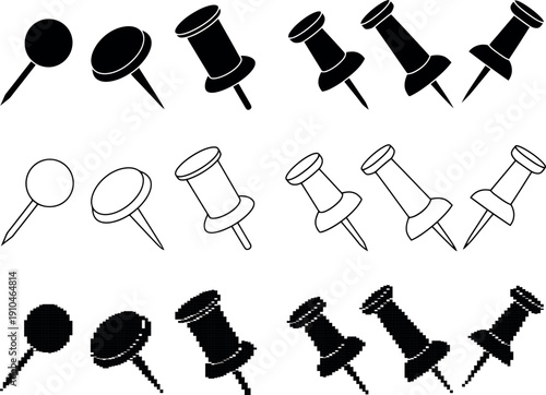 Various styles of push pins and thumbtacks on transparent background