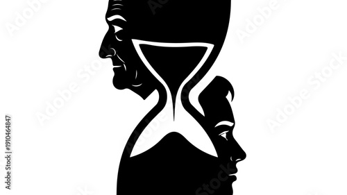 The passage of time depicted through contrasting human profiles and hourglass.