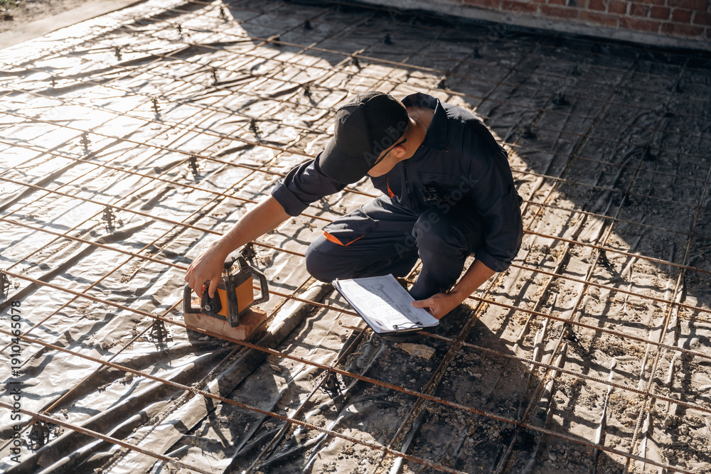 © standret - Checking if the level is right. Builder is working on construction site, unfinished building