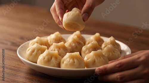 Wallpaper Mural Close Up of Steamed Dumplings Plated on a White Plate on Wooden Table with Soft Lighting and Neutral Background Torontodigital.ca