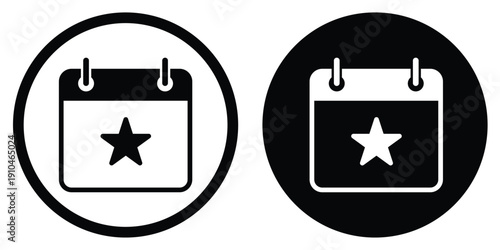 Minimalist calendar icon with a star symbol. Vector illustration of a flat scheduled event, favorite date, or special occasion bookmark in black and white circular frames.