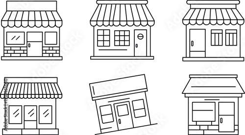 Shop, storefront, retail, store, building, facade, boutique, market, business, exterior, commercial, outline, vector, illustration, architecture, shopfront, small, design, collection, icon