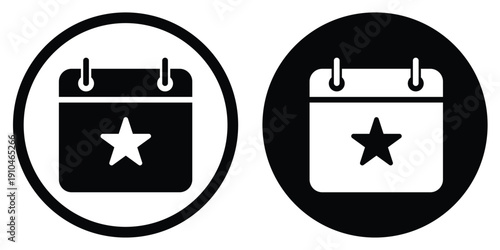 Minimalist calendar icon with a star symbol. Vector illustration of a flat scheduled event, favorite date, or special occasion bookmark in black and white circular frames.