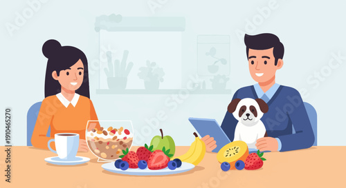 Couple eating breakfast with dog, fresh fruit, and cereal