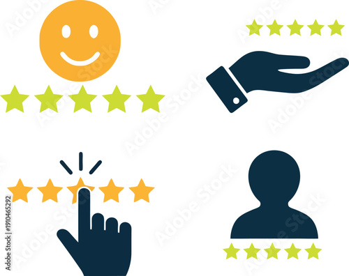 Customer satisfaction icons with stars and a hand on transparent background