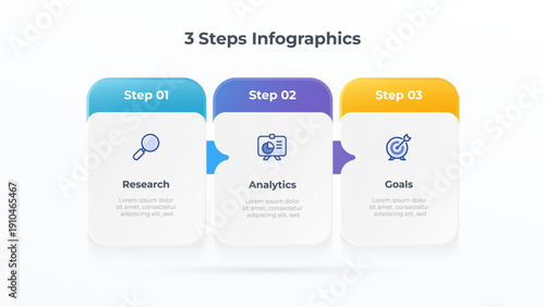 Business Infographic with 3 steps for process workflow presentation. Ideal for presenting strategic development or project phases. Perfect for business presentations, corporate reports.