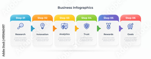 Business Infographic with 6 steps for process workflow presentation. Ideal for presenting strategic development or project phases. Perfect for business presentations, corporate reports.