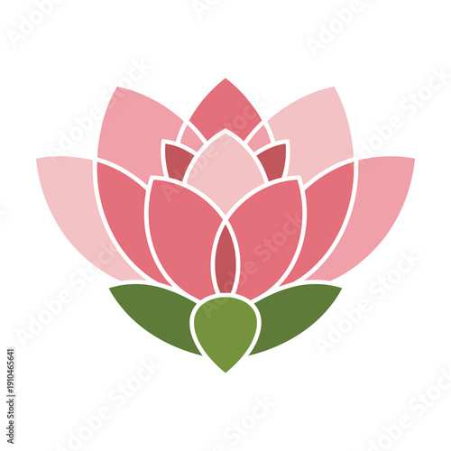 Pink lotus flower with green leaves on white background icon