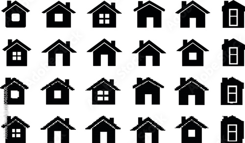 Collection of diverse house icons in black white and outline on transparent background