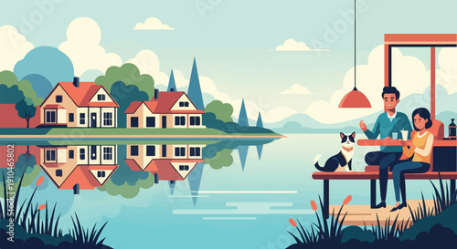 Couple with dog enjoy lakeside view from outdoor cafe