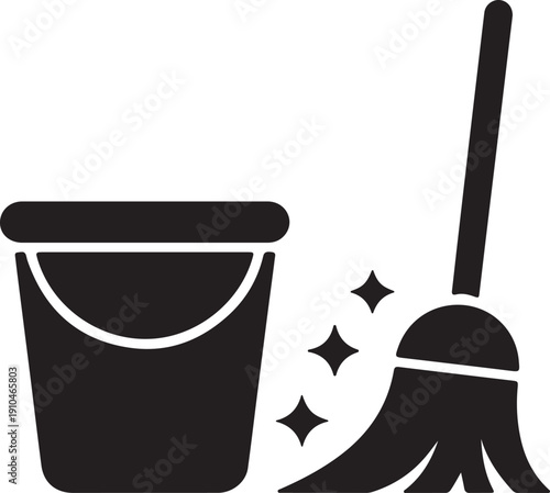 Cleaning tools icon bucket and mop with sparkles minimalist vector illustration